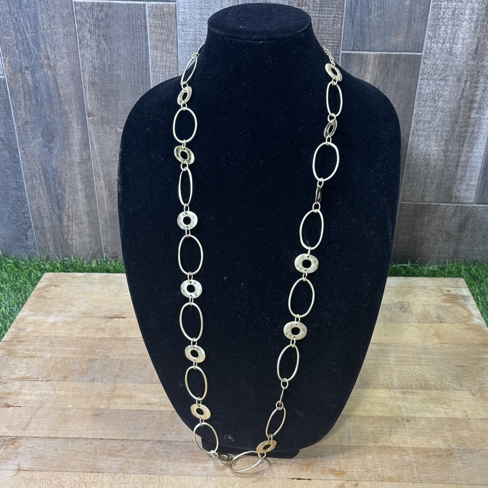 SAQ Gold Tone Long Chain Link Statement Necklace Hammered Modern